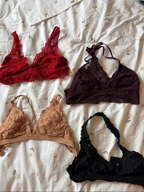 Lace Bralette Set of 4 - Red, Burgundy, Tan, Black
